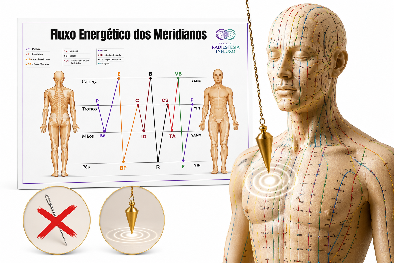 Boneco de acupuntura com meridianos e pêndulo dourado